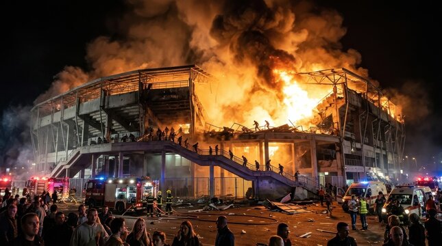 Massive stadium fire engulfs structure with emergency services responding at night