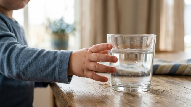 Curious toddler's hand reaching for a glass of clear water on a wooden table