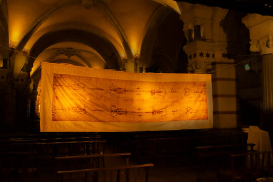 Shroud of Turin, on display in the crypt of the Basilica of Lyon in April 2026