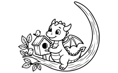 Naklejka premium Cute cartoon calf holding wooden birdhouse with flowers in whimsical spring illustration