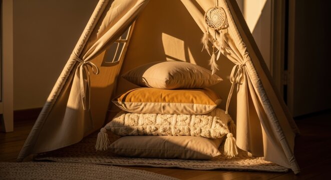 Cozy Childrens Play Tent With Plush Pillows And Dreamcatcher