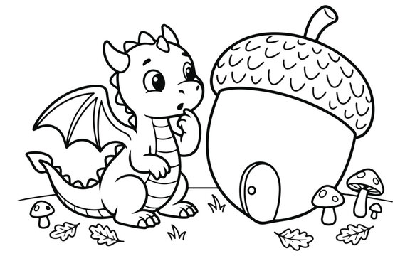 Cute cartoon baby dragon hatching from egg with mushrooms in fantasy forest setting