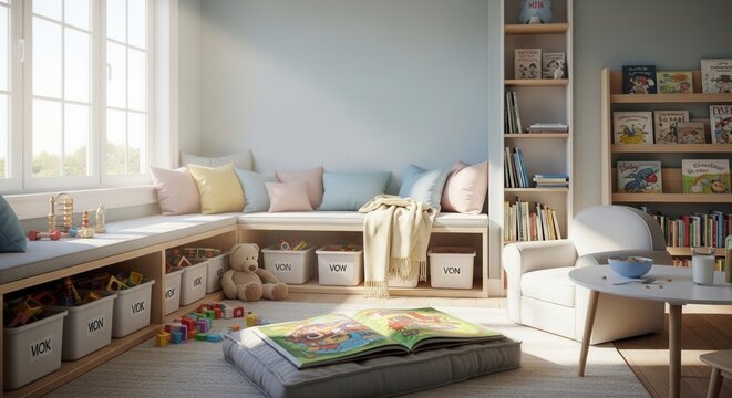 Cozy Childrens Reading Nook With Toys And Books Filled With Joyful Dreams