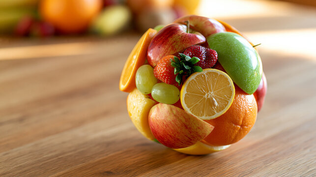 a world globe made of fresh fruit displayed on a bright wooden table, symbolizing food sustainability and global health, nutrition concept, natural, colorful, sustainability,