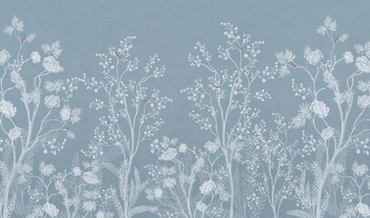 Chinoiserie floral wallpaper mural with white blooming trees, peonies, and birds on a neutral blue background © kalakarilife