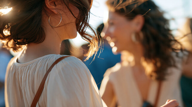 rear view of two women dancing together at a bright beach party with friends, backs to camera, celebration concept, coastal lifestyle, friendship, togetherness, bright, with copy