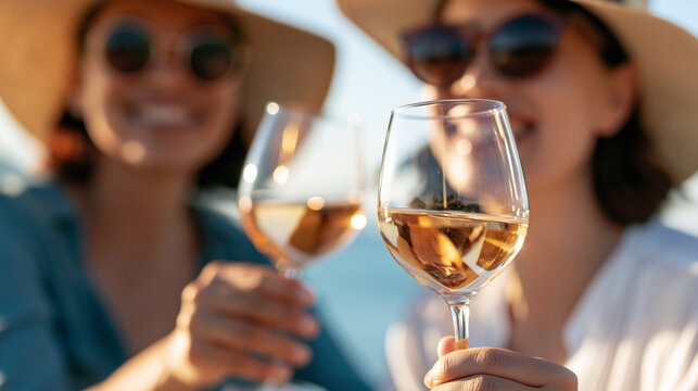 rear view of two friends sharing a vibrant toast together on a bright tranquil beach, backs to camera, joy of friendship concept, laughter, coastal lifestyle, togetherness,