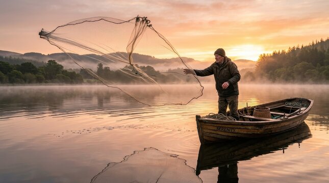 Fisherman casting a net from a boat at sunrise with morning mist on the water