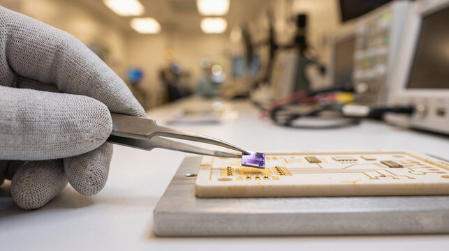 Technician mounts a photonic chiplet onto a ceramic substrate in a cleanroom