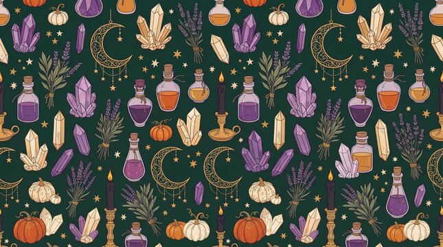 Magical Witchcraft Potions Crystals and Herbs Seamless Pattern