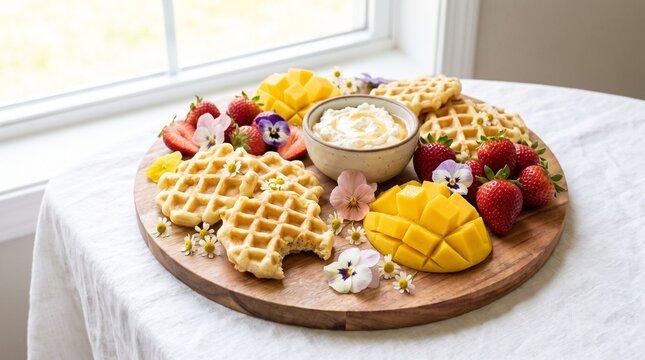 Round wooden platter with waffles, mango and edible flowers, pastel spring brunch
