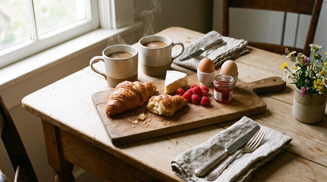 Rustic breakfast table with croissants, coffee mugs and berries, cozy morning scene