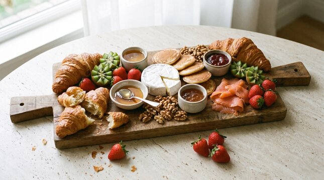 Round breakfast board with croissants, pancakes, walnuts and smoked salmon, colorful brunch spread