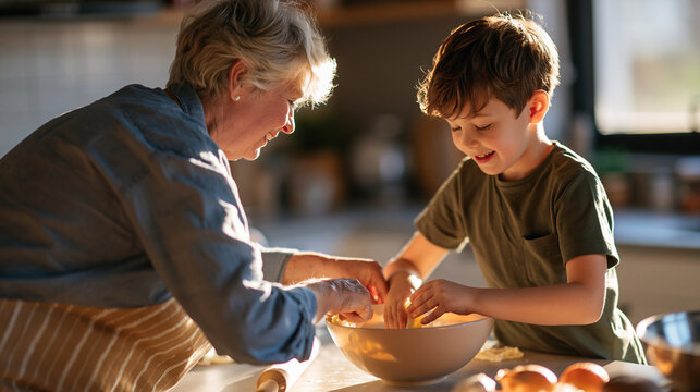 rear view of a grandmother and grandson baking together in a bright kitchen, backs to camera, intergenerational bonding concept, family cooking, childhood memories, nutrition