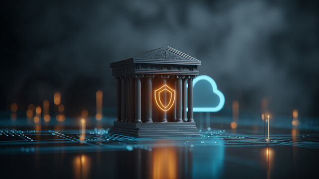 A bank building with a shield and cloud symbol represents secure cloud banking financial data protection and digital infrastructure.
