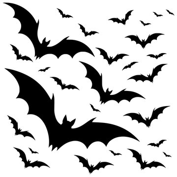 Black silhouettes of flying bats swarm vector illustration - design for Halloween party decorations, spooky greeting cards, and apparel printing. Transparent SVG version.