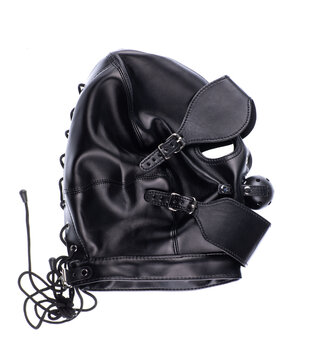 Black latex fetish mask isolated on white background