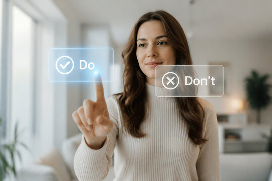 A young woman in a white sweater is pointing at a digital overlay displaying "Do" with a checkmark and "Don't" with an 'X'.