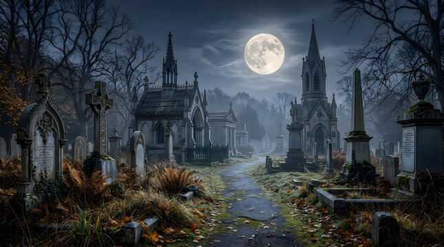 Gothic cemetery under a full moon at night
