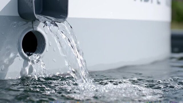 Rainwater flowing from pipe into collection tank for sustainable water harvesting and conservation