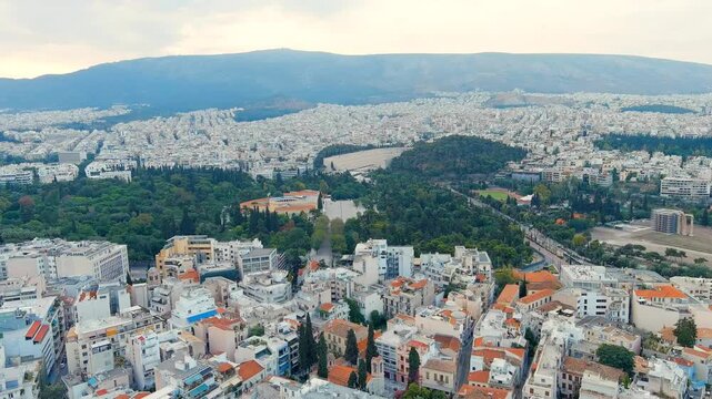 Athens, Greece. Zappion is a building in the classical style. Built by the Austrian architect Theophil von Hansen (1813 - 1891). Zappion completed in 1888. Drone footage