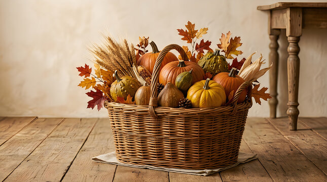 Wicker basket filled with autumn harvest vegetables