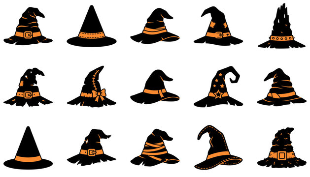 Colorful vector witch hats icon set for Halloween and fantasy designs