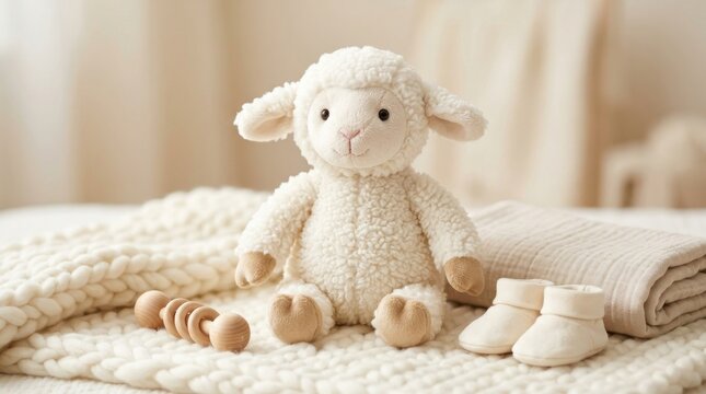 Soft plush lamb toy with baby booties and wooden rattle on a cozy blanket