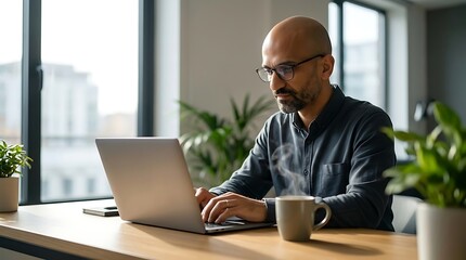 Fototapeta premium Businessman in a grey shirt focuses on his laptop screen while sitting at a wooden desk with a steaming coffee cup.