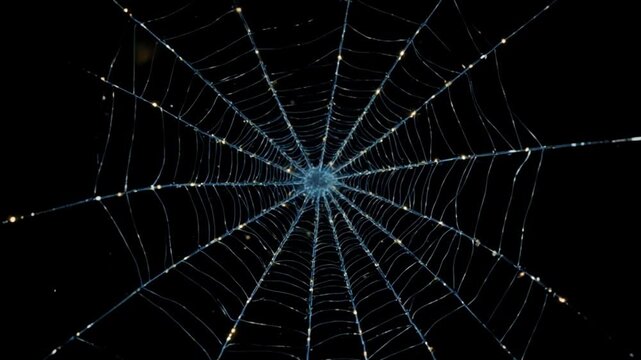 Macro view of glowing spider web at night nature silk dark light texture