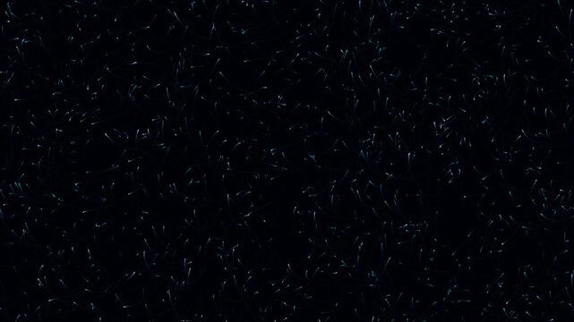 Abstract dark background featuring tiny blue glowing light particles floating and swirling in constant motion captured as cinematic digital light field footage.