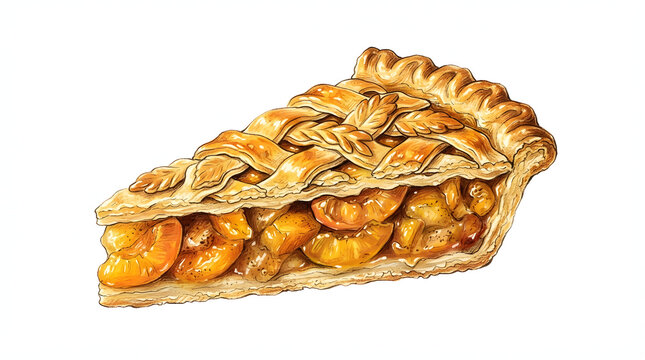 Golden baked apple pie slice with flaky crust and cinnamon sprinkle on white background