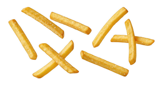Golden French Fries scattered against a clean backdrop with crisp lighting for culinary concepts