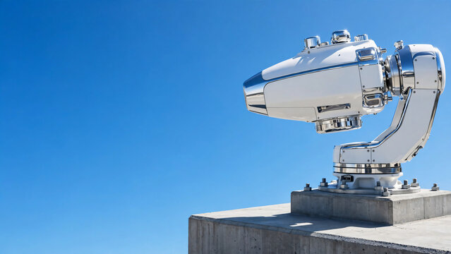 Modern white and chrome searchlight mechanism mounted on concrete base against clear blue sky