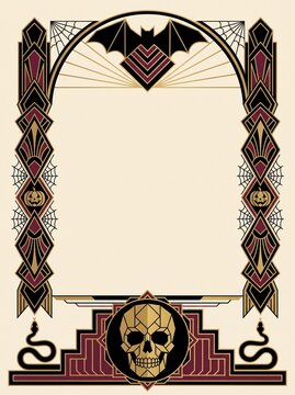 Art Deco Halloween frame with skull and bat. Gothic geometric border with pumpkins and snakes. Vintage occult invitation template.