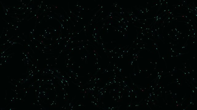 Abstract background featuring glowing turquoise particles rotating in circular patterns against deep black void creating hypnotic visual effect for digital media.