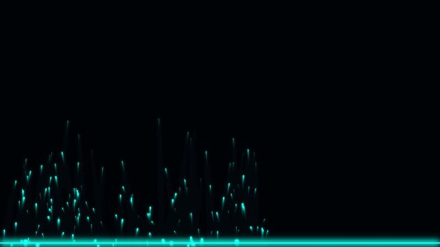 Abstract cyan particle flow rising from straight line on black background cinematic digital motion graphic element featuring glowing light trails visual effect.