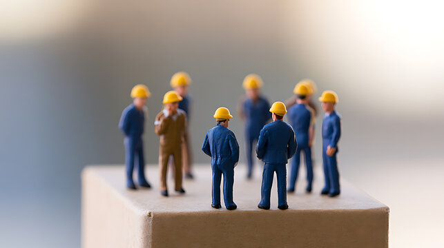 Miniature worker figures with yellow hard hats and blue uniforms stand on a cardboard box, symbolizing teamwork, discussion, and planning