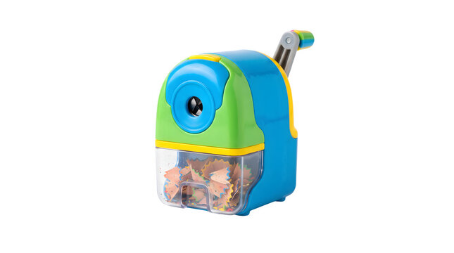 Colorful mechanical pencil sharpener, blue and green manual rotary sharpener for school, plastic desk accessory with shavings tray