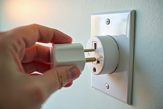 Frustrating Travel Woes: Close-Up Image of Hand Holding Incompatible AC Plug Near Wall Socket