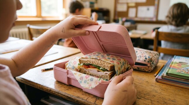 Child opening lunch box with sandwich in beeswax wrap, School lunch break zero waste lifestyle, Kid friendly sustainable product, Close up portrait view