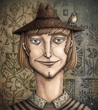 Stylized Portrait of Smiling Man wearing Fedora Hat with Small Bird Folk Art