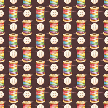 Watercolor sewing seamless pattern with colorful thread spools and vintage buttons