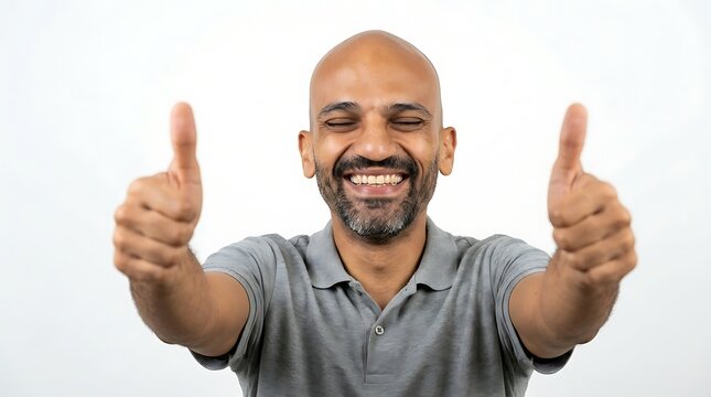 Man showing approval with a double thumbs up gesture while smiling widely.