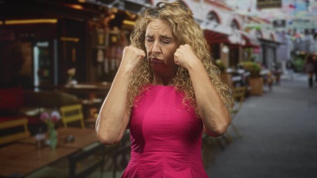 Woman with hands to face rubbing eyes and pouting in pink dress on street cafe; vulnerability sadness.