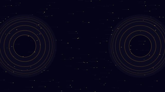 Abstract cosmic background with glowing particles flying across dark space toward rotating circular rings light streaks motion effect digital science video clip.
