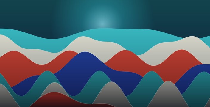 Abstract landscape with overlapping wavy layers in teal, red, blue, and beige, featuring a soft glowing light source at the center
