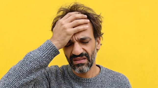 Man holding his forehead in pain against a bright yellow studio background.