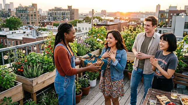 Diverse friends celebrating on a rooftop garden at sunset with a gift exchange