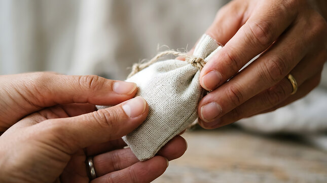 Close up of two hands exchanging a small linen drawstring pouch tied with twine